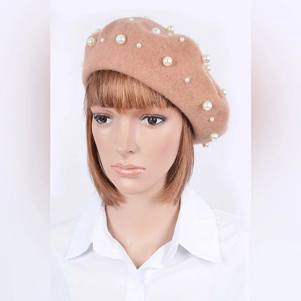 Beret With Pearls and Metal Accents